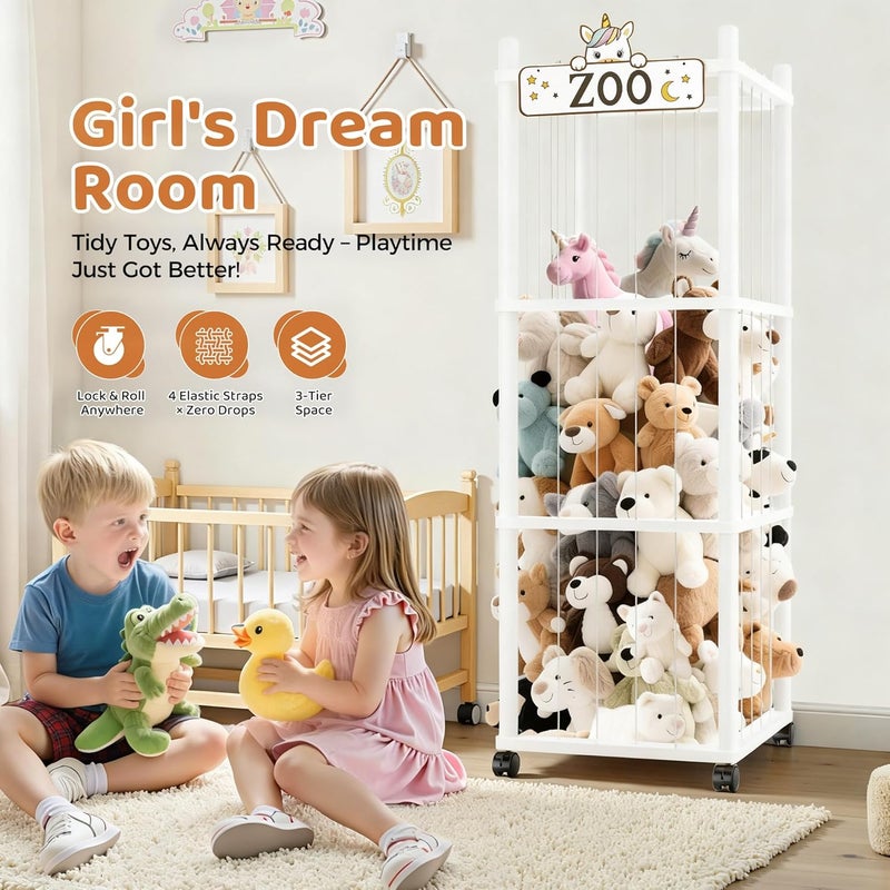 Vecxoty Stuffed Animal Storage Zoo Tower,56In Wooden Large Stuffed Animal Holder Organizer with Wheels,Stuffy Plushies Storage with Elastic Band&Mesh Bottom,Toy Storage Organizers for Playroom Nursery（White） - Image 1